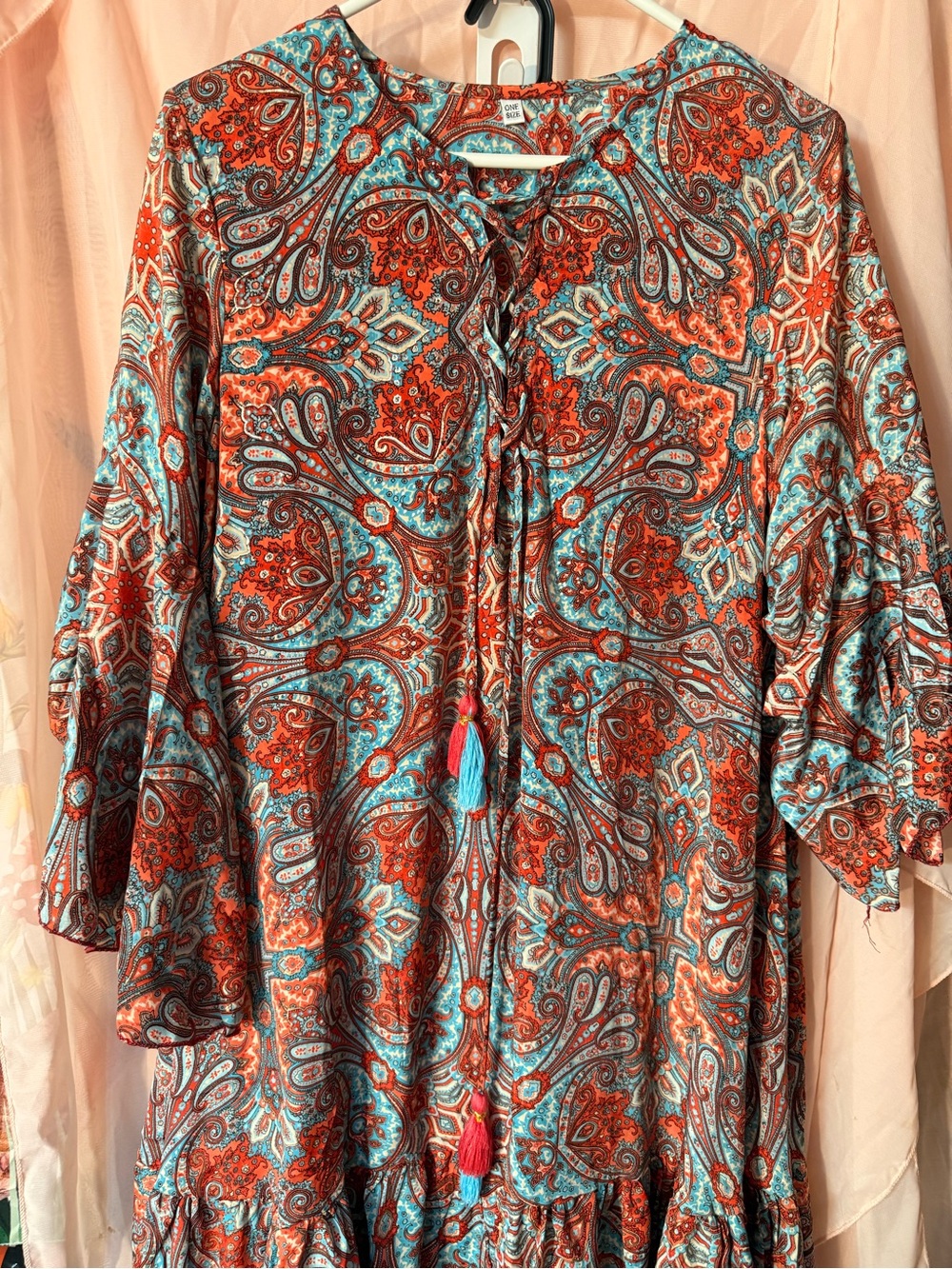 Boho Paisley Tie-Front Tunic/dress Top in Red & Teal
